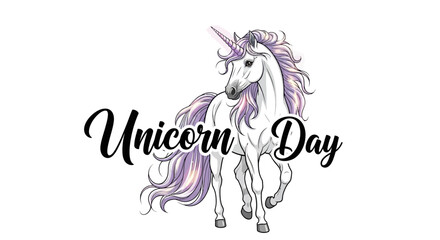 Illustration of a white unicorn with a purple mane and horn, celebrating National Unicorn Day with whimsical design elements and colorful fantasy theme. © Rahmat