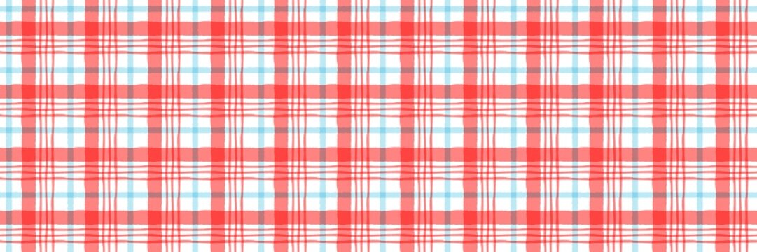 Hand-drawn red and blue watercolor plaid seamless pattern. Gingham checkered background for textile, wallpaper, and picnic design.
