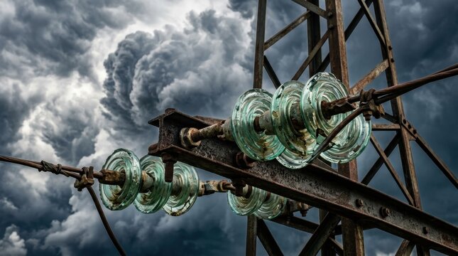 Chipped glass spool insulators on a weathered metal pole against a dramatic stormy sky