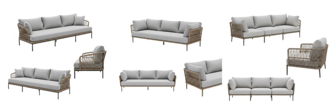 Set and collection of modern outdoor wicker sofas and rattan patio couches with grey cushions in various angles isolated on white transparent png background