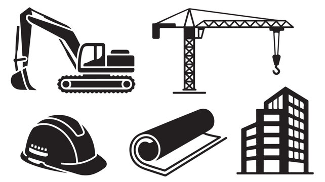 Construction Icons Set Featuring Excavator Crane Hard Hat and Architecture Blueprint Symbols