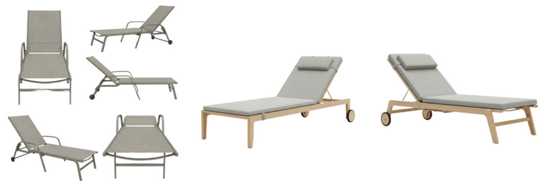 Set and collection of modern outdoor sun loungers and wooden adjustable chaise lounges with wheels and cushions isolated on white transparent png background