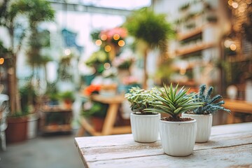 Fototapeta premium Indoor plants in white pots on a wooden table, with a blurred shop background