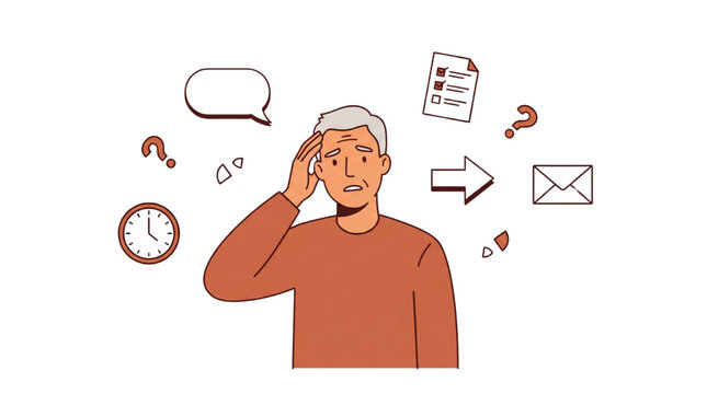 Dementia Cognitive Overload Senior Man Vector Illustration Surrounded by Scattered Daily Task Icons Symbolizing Alzheimer Mental Overwhelm Information Confusion and Memory Disorder Awareness
