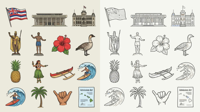 Collection of Hawaiian cultural symbols and landmarks, including the Hawaiian flag, government buildings, traditional figures, flora, fauna, and activities.