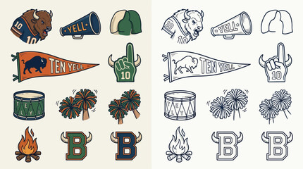 Collection of Buffalo-themed sports fan accessories and symbols, including a buffalo head, megaphone, pennant, foam finger, drum, pom-poms, campfire, and letter 'B'. © renender