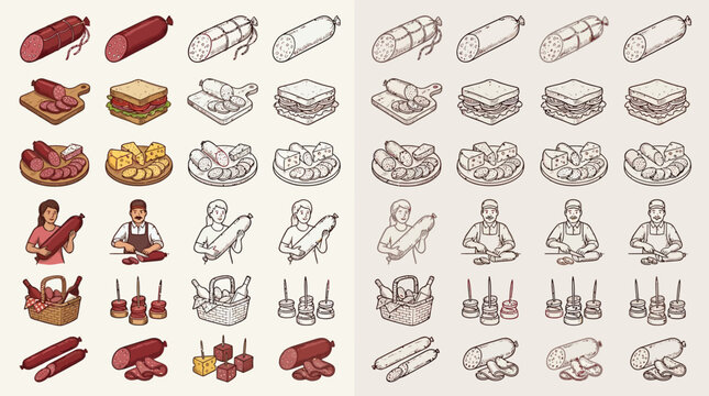 A comprehensive collection of isometric illustrations depicting various types of sausages, sandwiches, meat products, and butcher figures, presented in both color and outline styles.