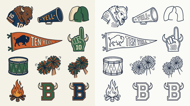 Collection of Buffalo-themed sports fan accessories and symbols, including a buffalo head, megaphone, pennant, foam finger, drum, pom-poms, campfire, and letter 'B'.