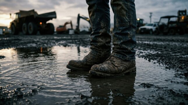 Well-worn leather work boots standing in muddy puddles at a construction site