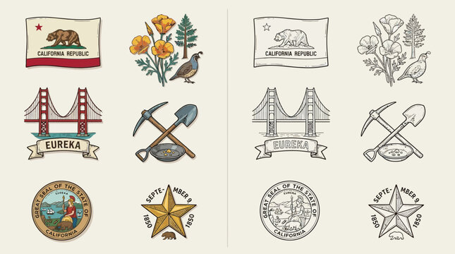 Collection of California-themed illustrations featuring state symbols like the flag, Golden Gate Bridge, and native flora and fauna.