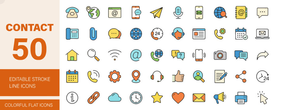 collection of 50 colorful communication and technology icons vector illustration