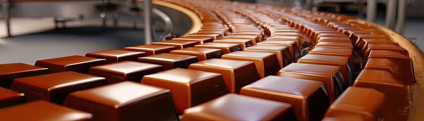 Fototapeta premium Rows of shiny copper bars arranged neatly on a curved conveyor belt in an industrial setting.