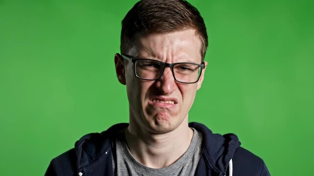 Young man with glasses expressing discomfort or disgust against green screen background