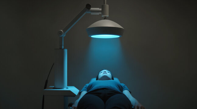 A person sitting in a dentist's chair under a spotlight, with their eyes closed and their head tilted upwards, dry eye light therapy