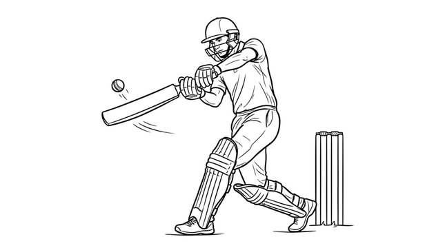 Cricket Player Vector Line Art Batting Silhouette Sports Illustration Dynamic Action Wicket Stumps Ball Helmet Gloves Pads Graphic Design Outline Poster Clipart