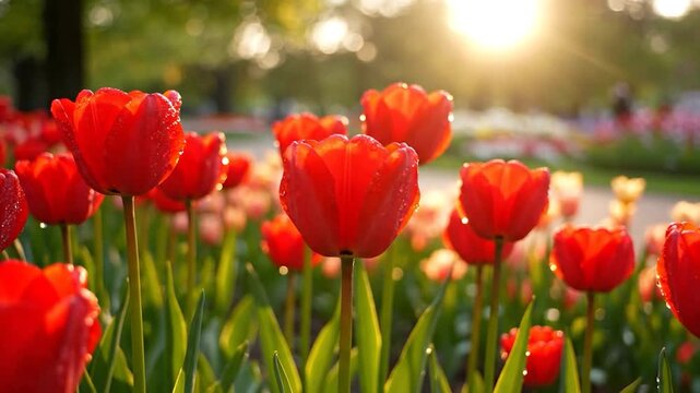 Vibrant red tulips bloom in a sun-drenched garden, glistening with morning dew, creating a picturesque spring landscape