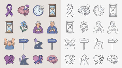 Fototapeta premium A collection of icons representing Alzheimer's disease, dementia, and aging, including symbols for memory loss, time, and care.