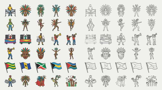 Collection of Caribbean Carnival illustrations featuring dancers, musicians, flags, and masks, presented in both color and sketch.