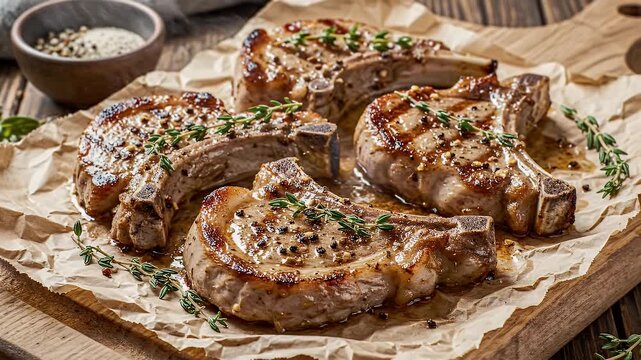 Four perfectly cooked pork chops with herbs and spices on wood