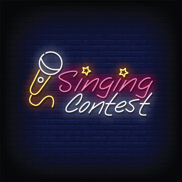singing contest neon signboard with brick wall background vector
