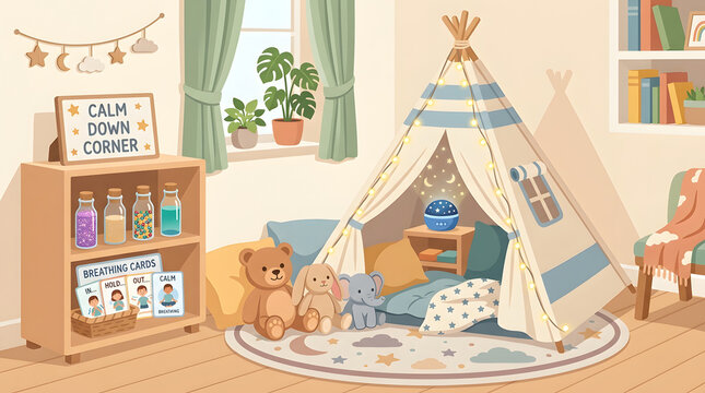 A serene and cozy children's playroom with a teepee and calming decor