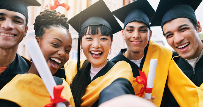 Girl, college student and selfie with friends for graduation at campus, smile and memory on web. Group, portrait and celebration for profile picture, diversity or goals on social media at university