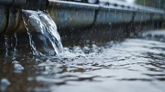 Rain pours down on a clogged gutter causing overflows into the street