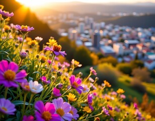 Fototapeta premium Wildflowers Blooming Sunset Over City Skyline