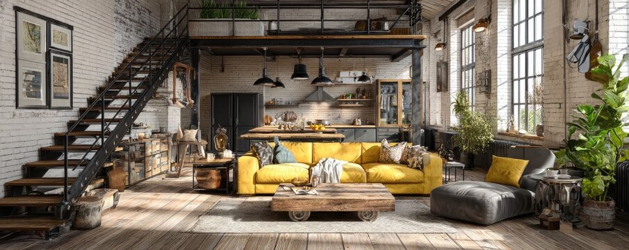 Industrial loft apartment with open layout, mezzanine, brick, wooden floor, and modern furniture