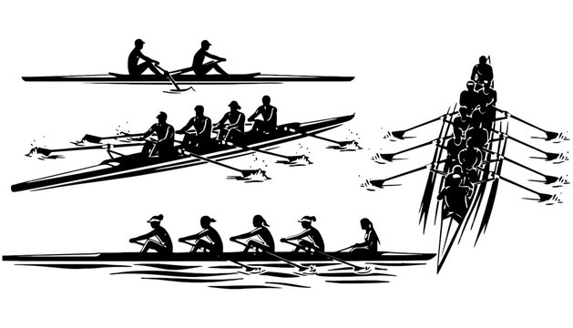 Rowing boat vector silhouettes with rowers in different positions and formations