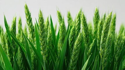 Fototapeta premium Vibrant green wheat field close up with detailed grain heads against neutral background