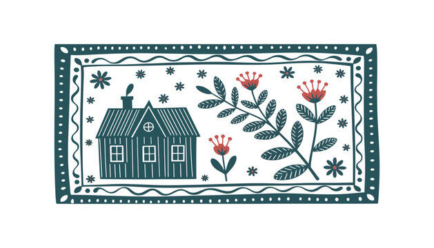A house illustration with flowers and a decorative border design
