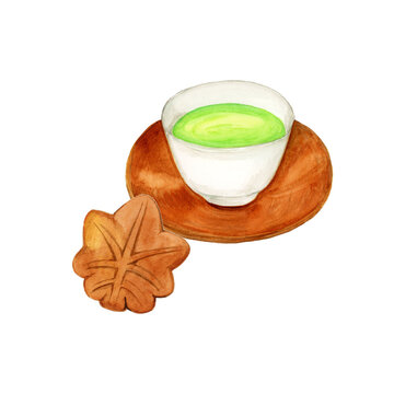 手描き水彩のもみじまんじゅうと茶托付き緑茶 / Hand-drawn watercolor momiji manju and green tea with saucer