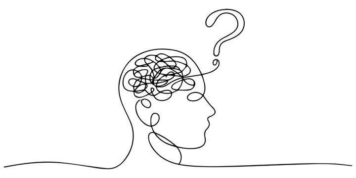 Concept of confused feelings in one continuous line drawing. Human head with question mark inside in simple linear style, Concept of confusion in the head and question mark. Continuous One line drawin