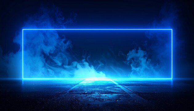 Glowing neon rectangle frame with ethereal blue smoke and mist on a dark, textured ground