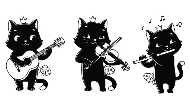 Cat playing musical instruments, guitar, violin, and flute in black silhouette