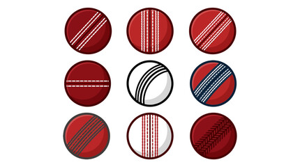 Fototapeta premium Vector Circular Icons Displaying Cricket and Baseball Ball Seam Stitch Patterns in Red and Cream Designs, Sports Equipment Illustration, Athletic Graphic Art Template