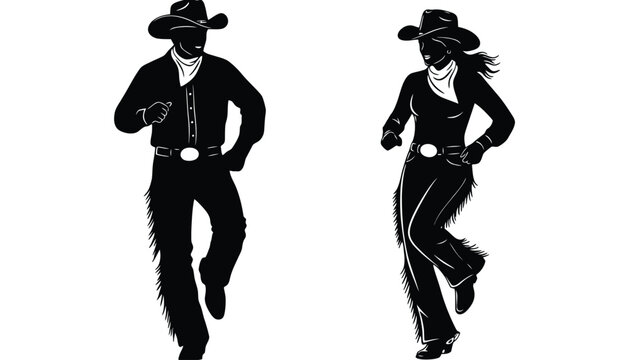 A cowboy and cowgirl dancing in black silhouette vector illustration style