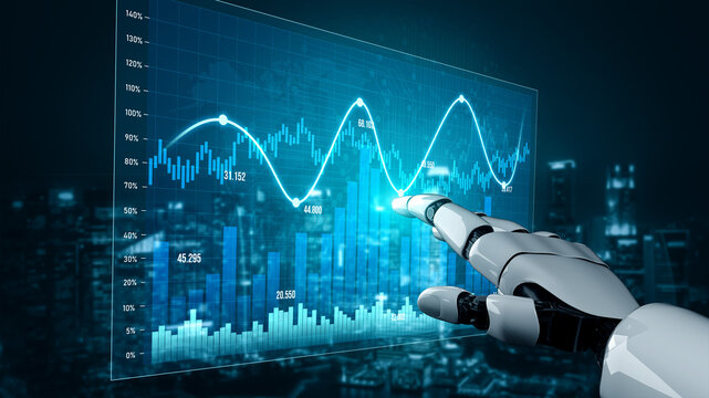 A robotic hand interacts with a transparent digital screen showcasing financial data and analytics, highlighting technological advancements in an urban setting. Scalp