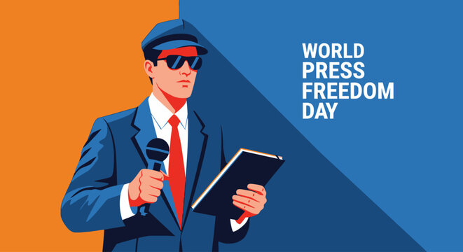 Reporter with Microphone and Notebook Illustration