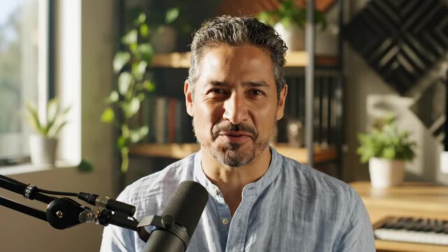 Smiling man speaking into microphone in cozy home studio setup