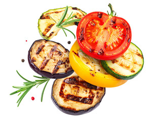 falling grilled vegetables isolated on white background, cutout