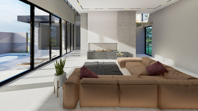 Contemporary Fireplace & Open Living Area Rendering With Lumion