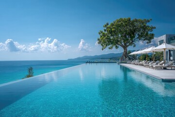Obraz premium Infinity pool overlooking ocean with tree, umbrellas, and sunny blue sky