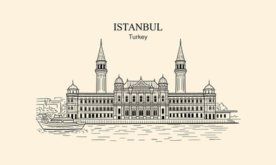 Fototapeta premium Istanbul Turkey Architectural Landmark Sketch with Boat on Water architecture building