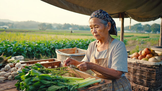 Senior farm worker sorting harvested vegetables at rustic outdoor table near fields in agricultural setting. Small scale farming concept