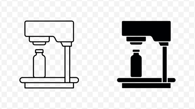 black and white line art and solid icon set of milk bottle pasteurization machine for food processing and dairy industry isolated on Transparent Background
