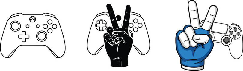 Video game controller vector line art set with hand showing victory sign and peace gesture for gaming competition and esports, © Rakibul