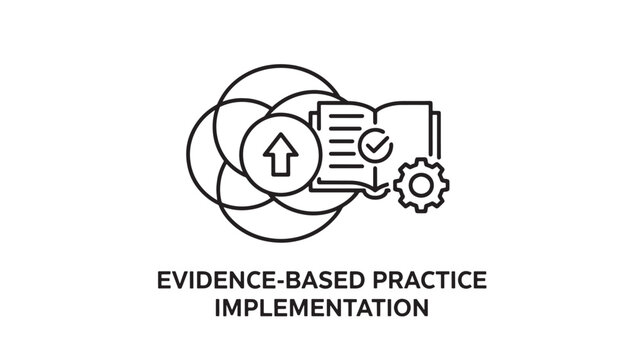 Evidence Based Practice Implementation Icon Featuring Overlapping Circles, Open Book with Check mark, Arrow, and Gear Representing Scientific Research, Clinical Expertise, and System Optimization