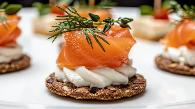 Gourmet smoked salmon canap&eacute; with cream cheese and dill